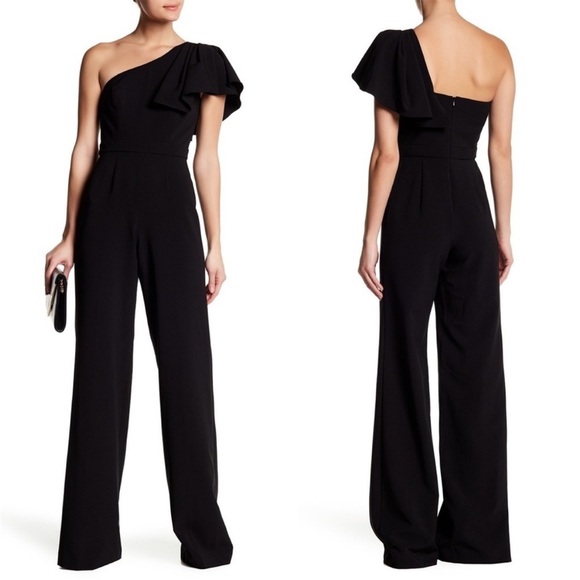 JAYGODFREY Hamilton One Shoulder Ruffle Black Wide Leg Classic Jumpsuit Size 4 - Picture 1 of 16